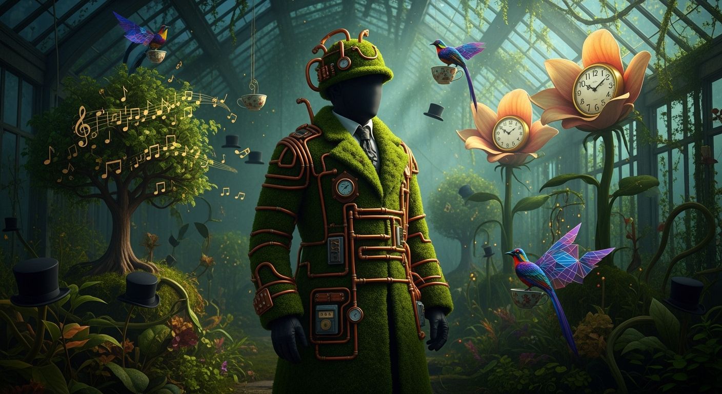 Surreal Moss Coat Figure in Overgrown Greenhouse