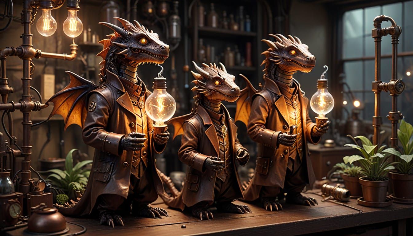 Steampunk Scientists Study Miniature Dragons in Whimsical La...