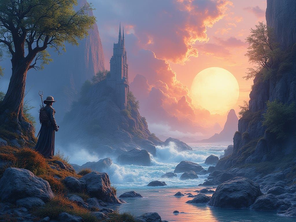 Fantasy Landscape with Arcane Magic, Digital Watercolor