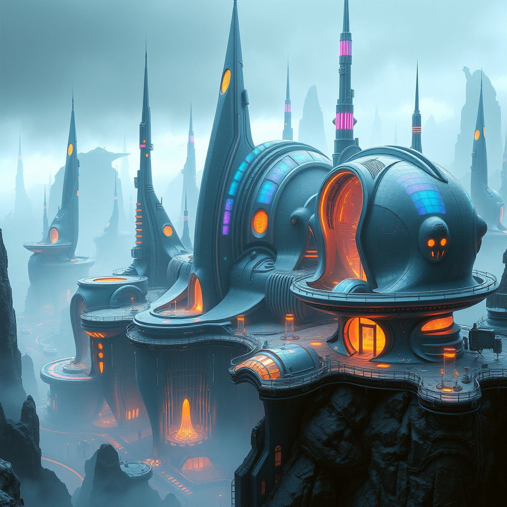 Futuristic Cityscape with Iridescent Structures