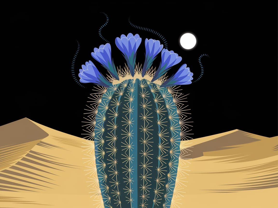 Sapphire Cactus in Desert Night, Moebius Style