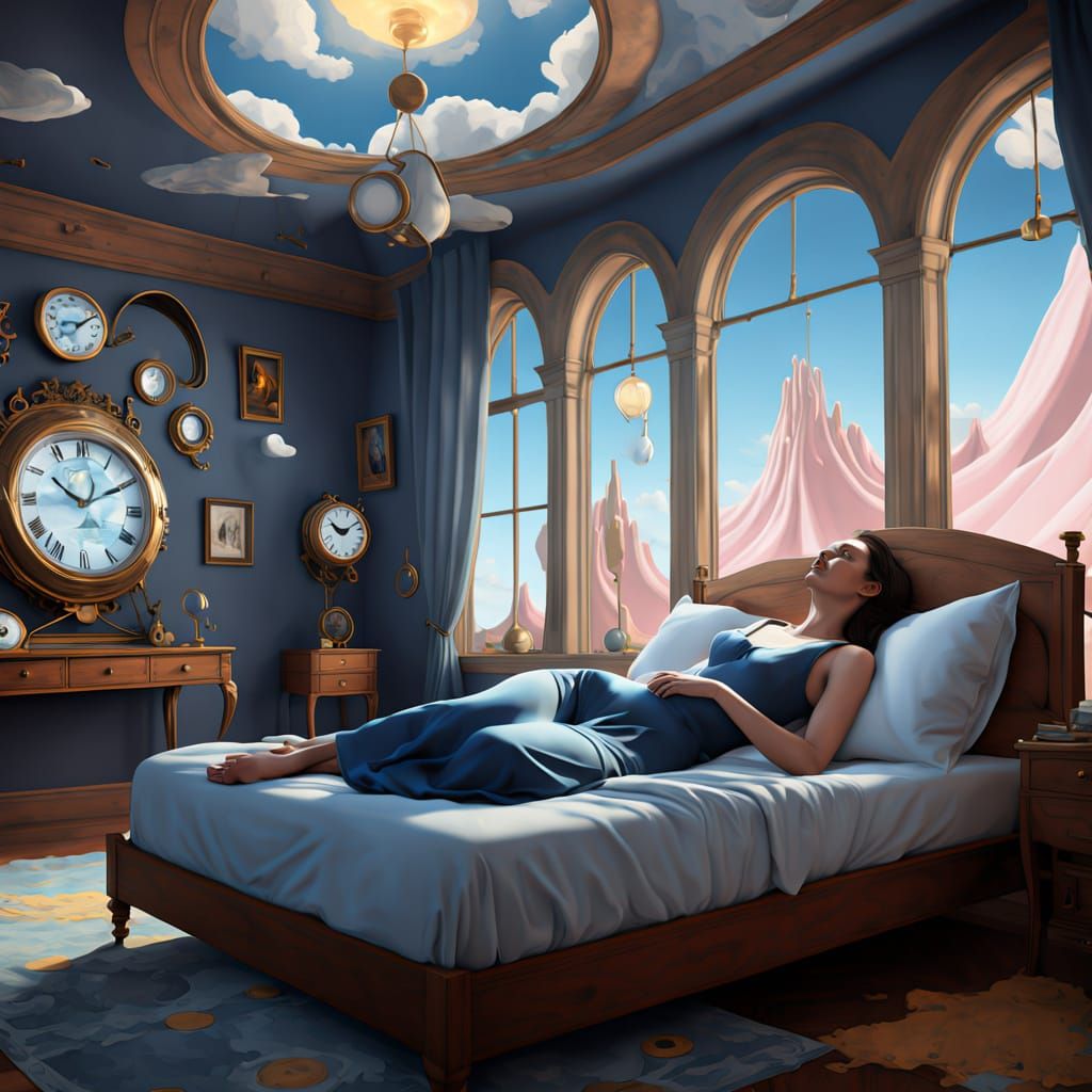 Woman sleeping in a surrealist bedroom