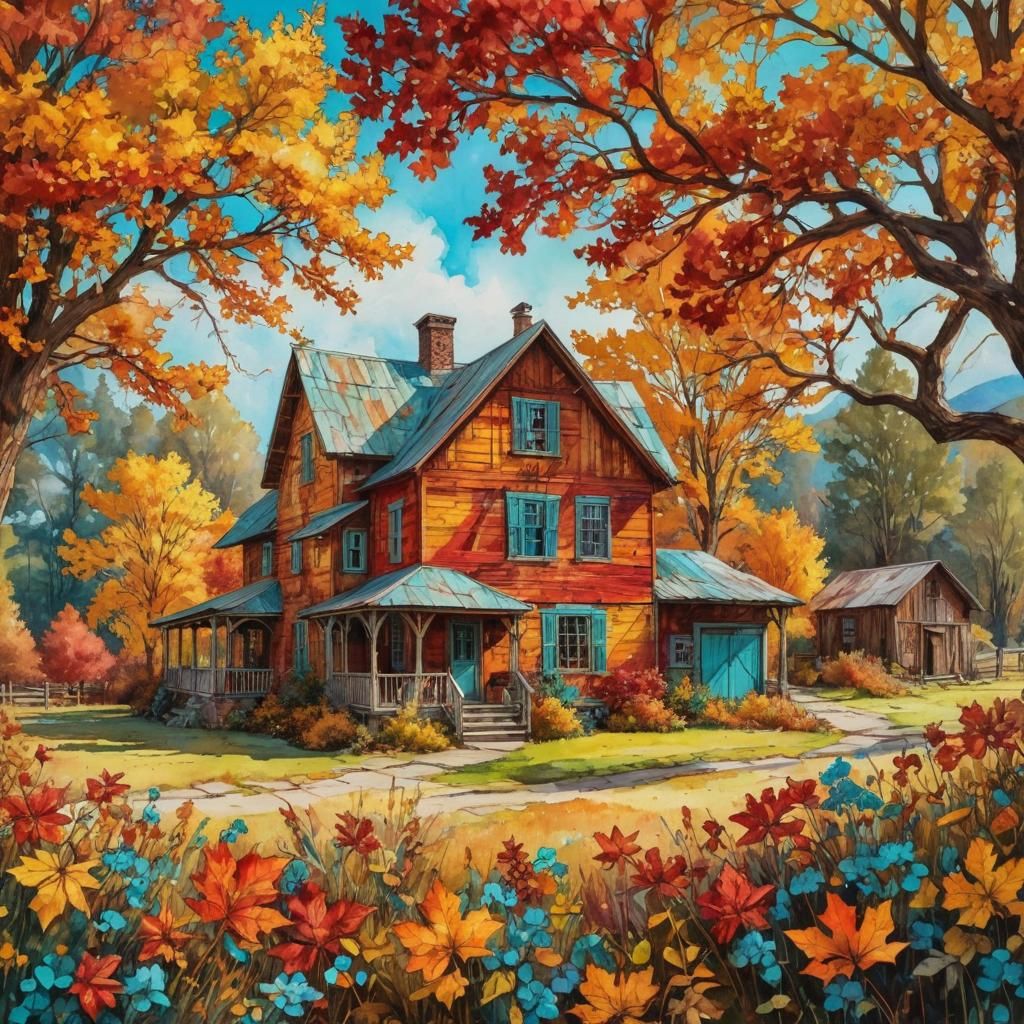 Sunlit Autumn Farmhouse in Alcohol Ink Style