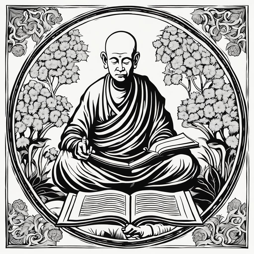 9th Century Buddhist Monk Reading: Minimalist Woodcut