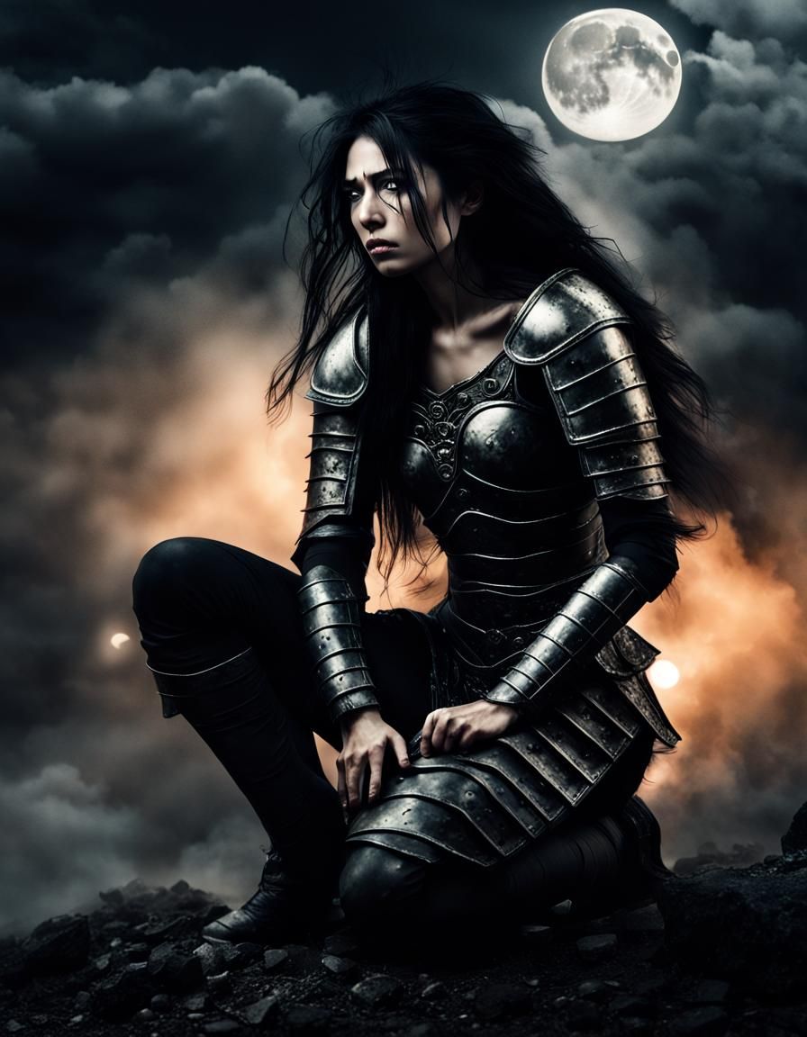 Mourning Warrior in Moonlit Ruins