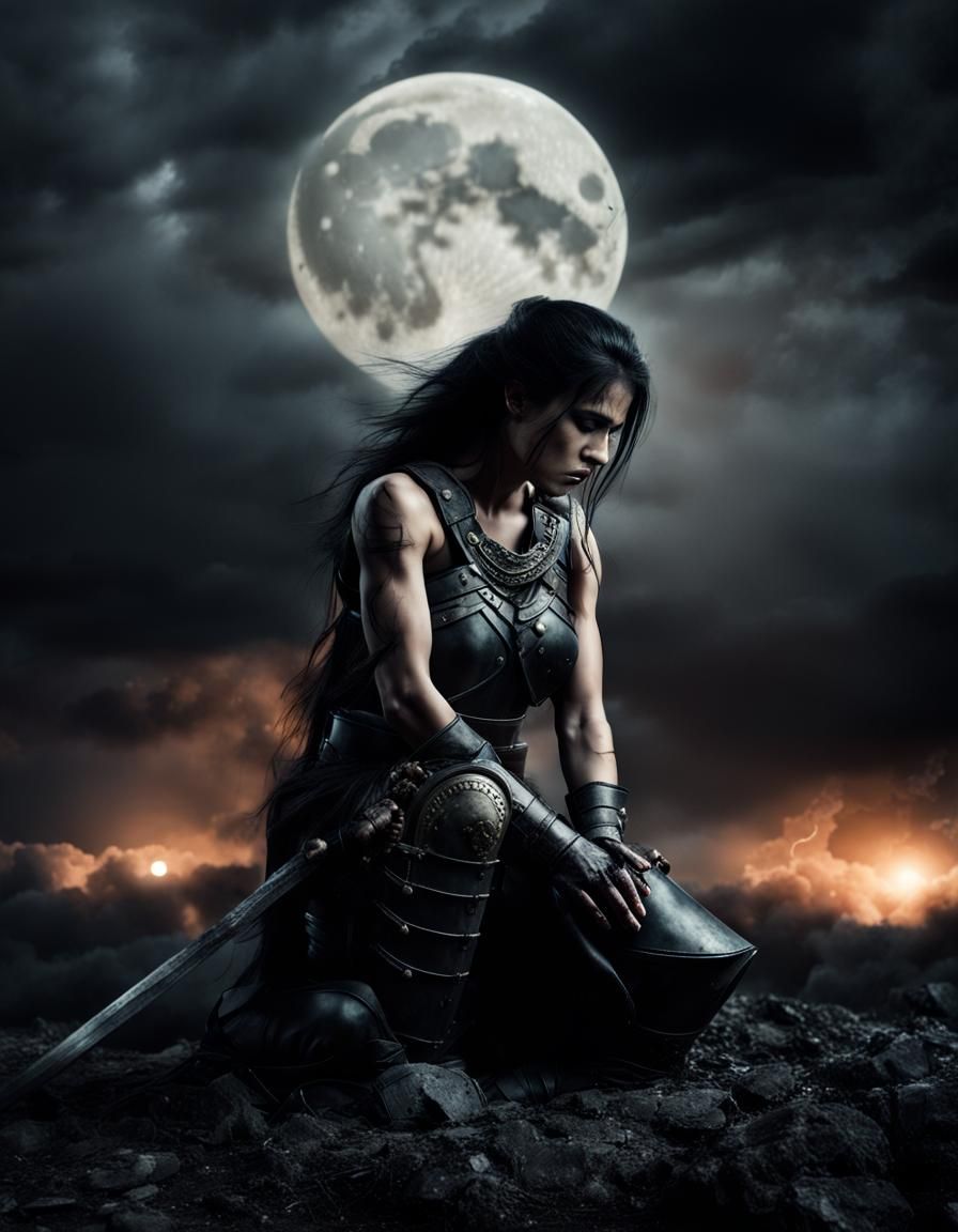 Moonlit Warrior's Grief: Battlefield Portrait
