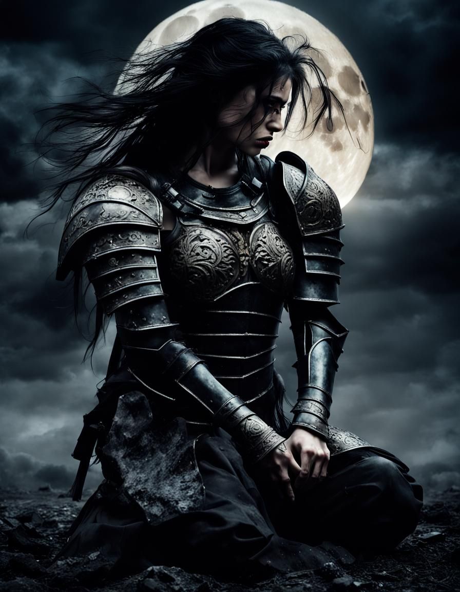 Mournful Warrior Woman in Moonlit Ruin
