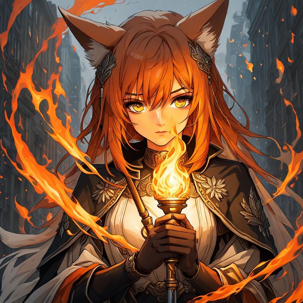 Stunning Girl with Fox Ears Holding Burning Torch