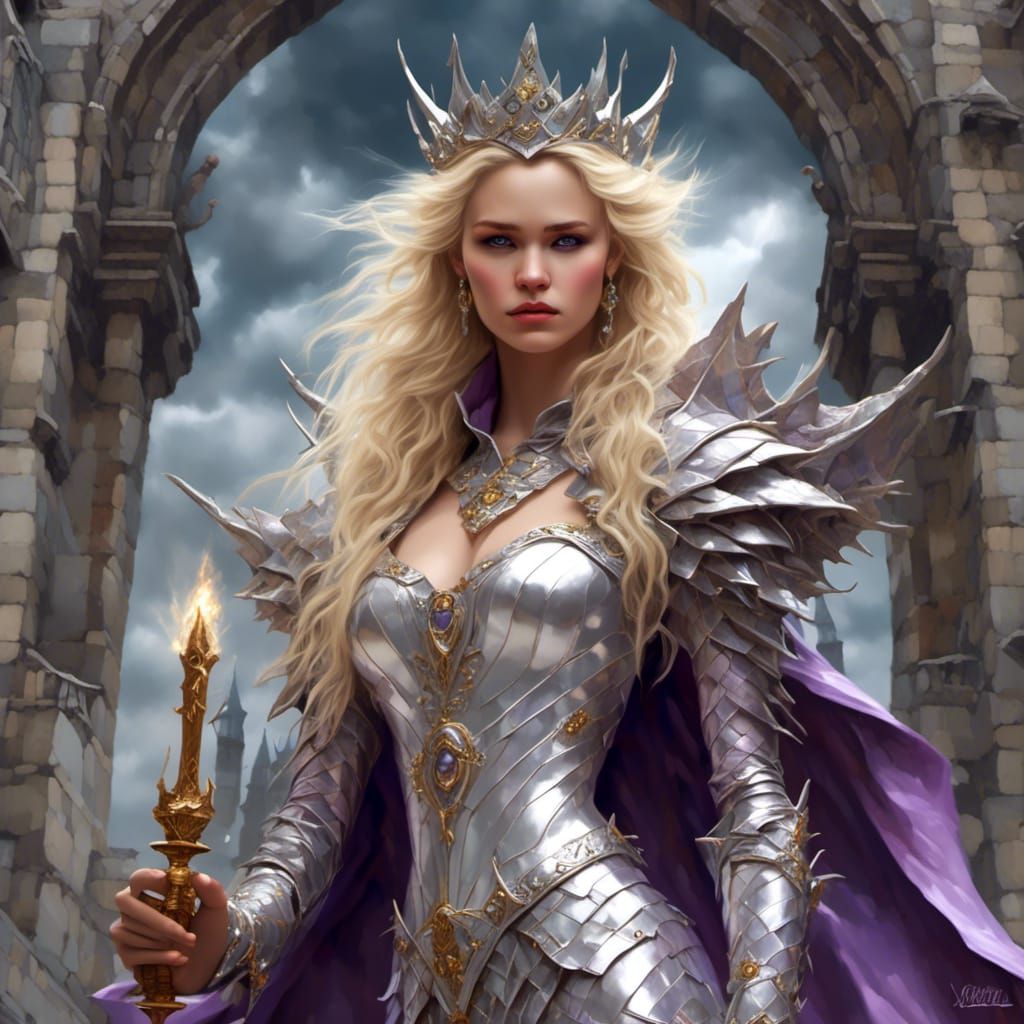Female Dragon Queen, long wavy blonde hair, striking facial ...