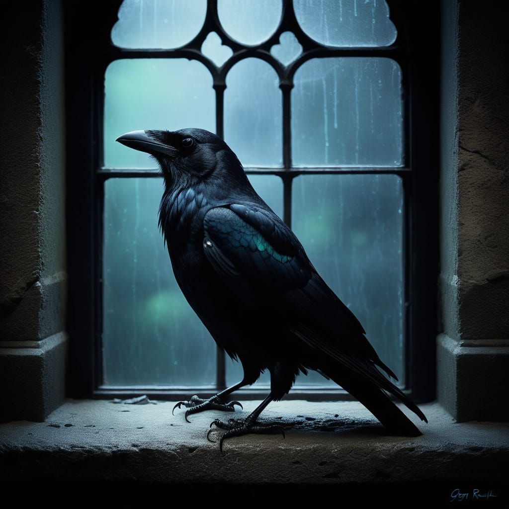 Mysterious Raven Perched by a Gothic Window