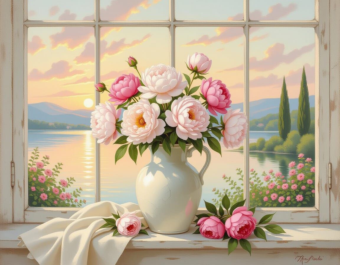 Romantic Peonies in Shabby Chic Oil Painting