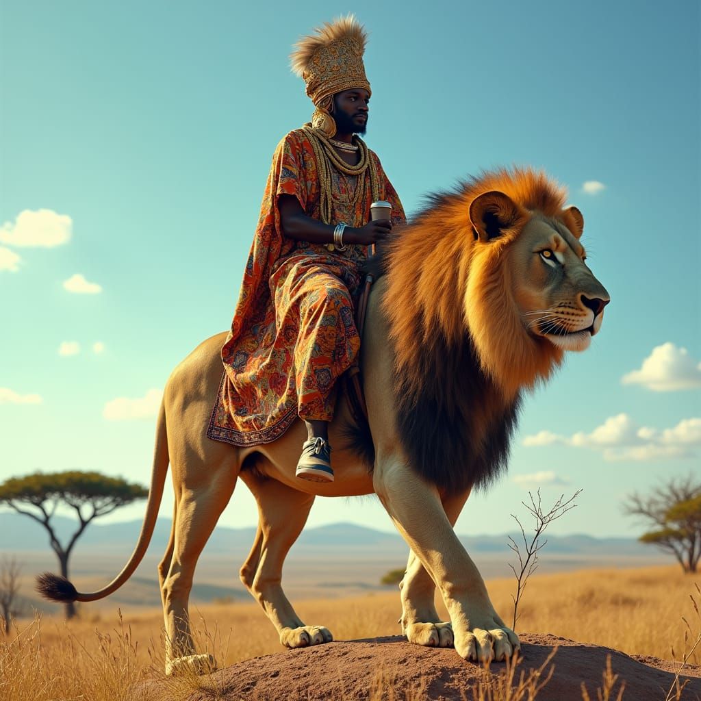 African King Rides Lion Across Savannah