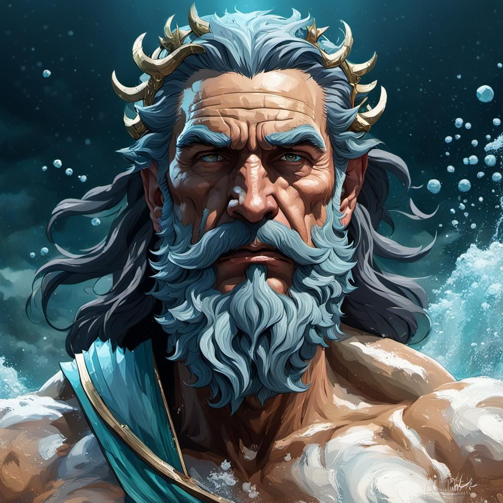 Poseidon Portrait in Hyperdetailed Splash Art Style
