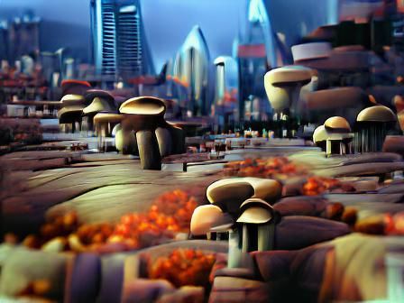 Surreal Mushroom City Matte Painting