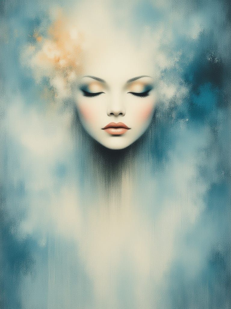 Dreamy Female Face in Soft Blue Clouds