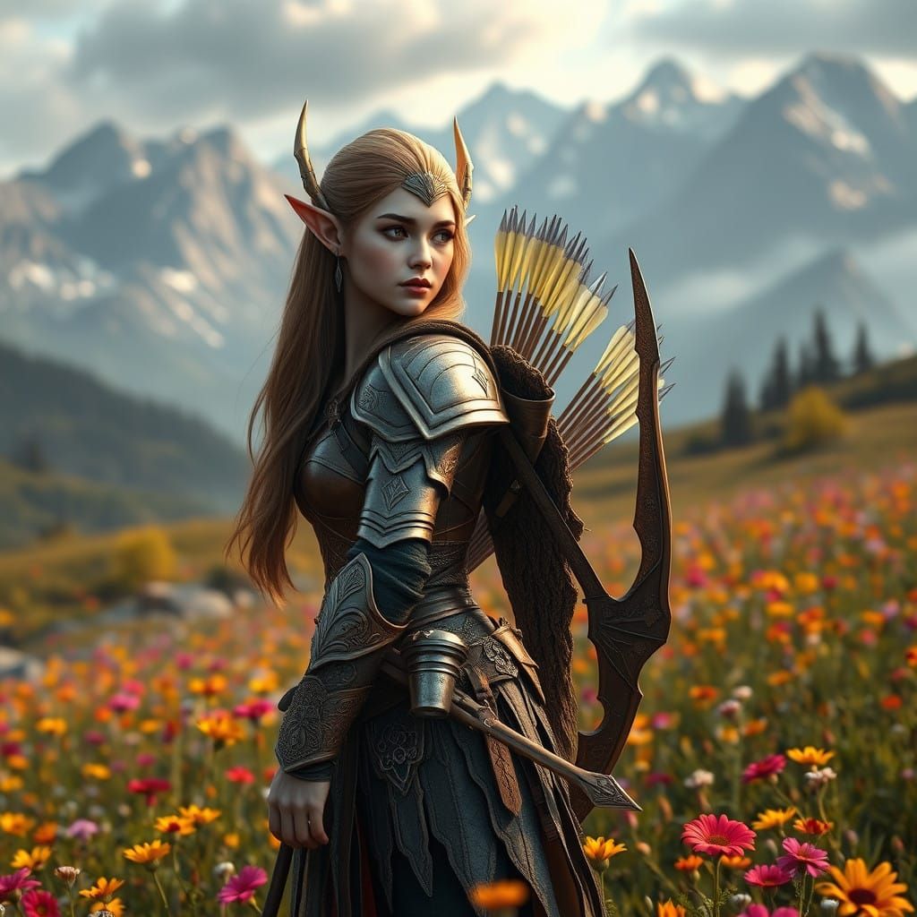 Majestic Elf Warrior in Vibrant Field of Wildflowers