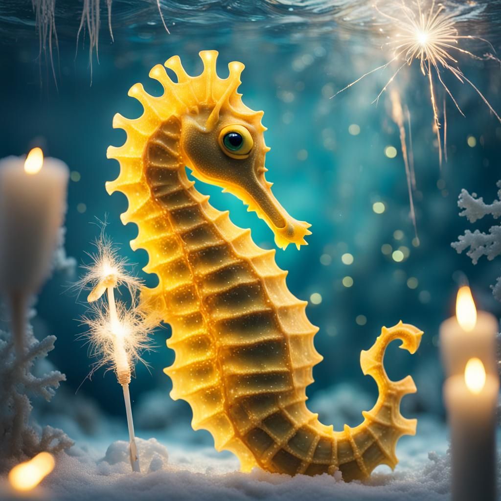 Festive Seahorse with Sparkler Under the Sea