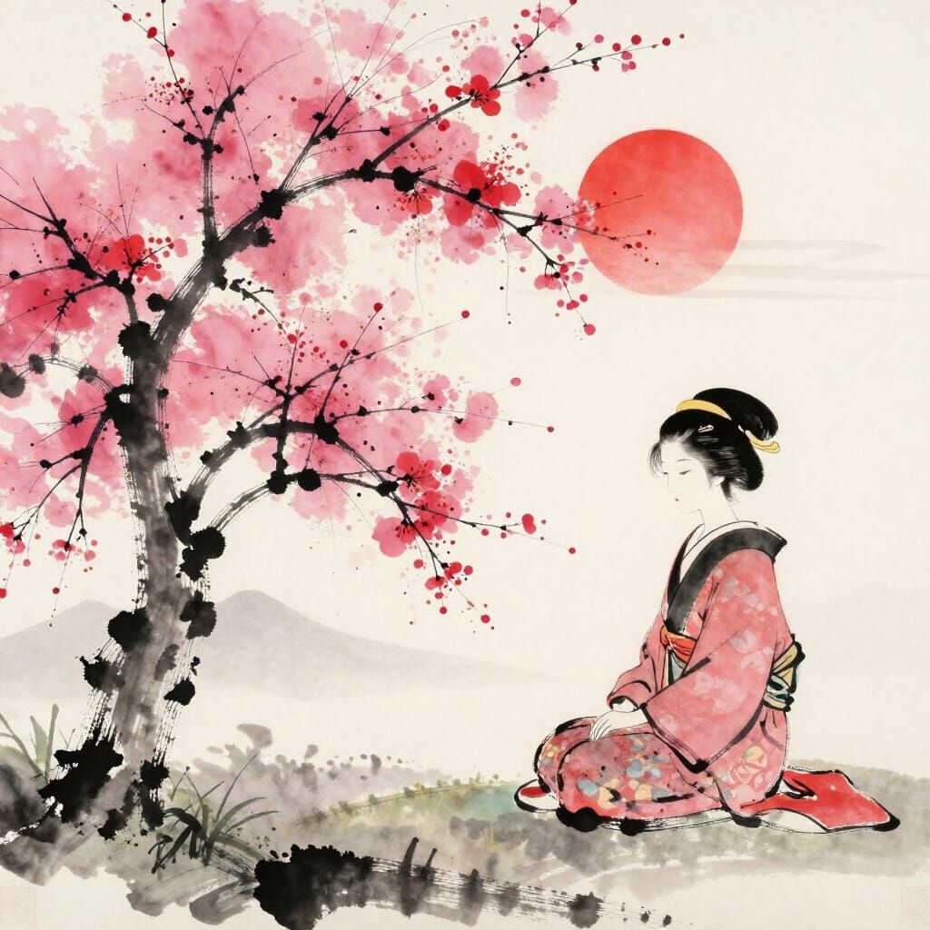 Geisha Meditating Under Cherry Blossoms with Sunrise