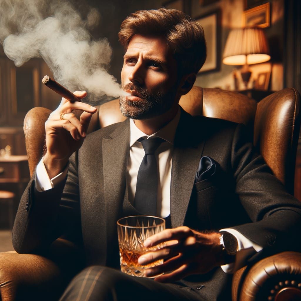 Man Smoking Cigar and Sipping Whiskey in Luxury