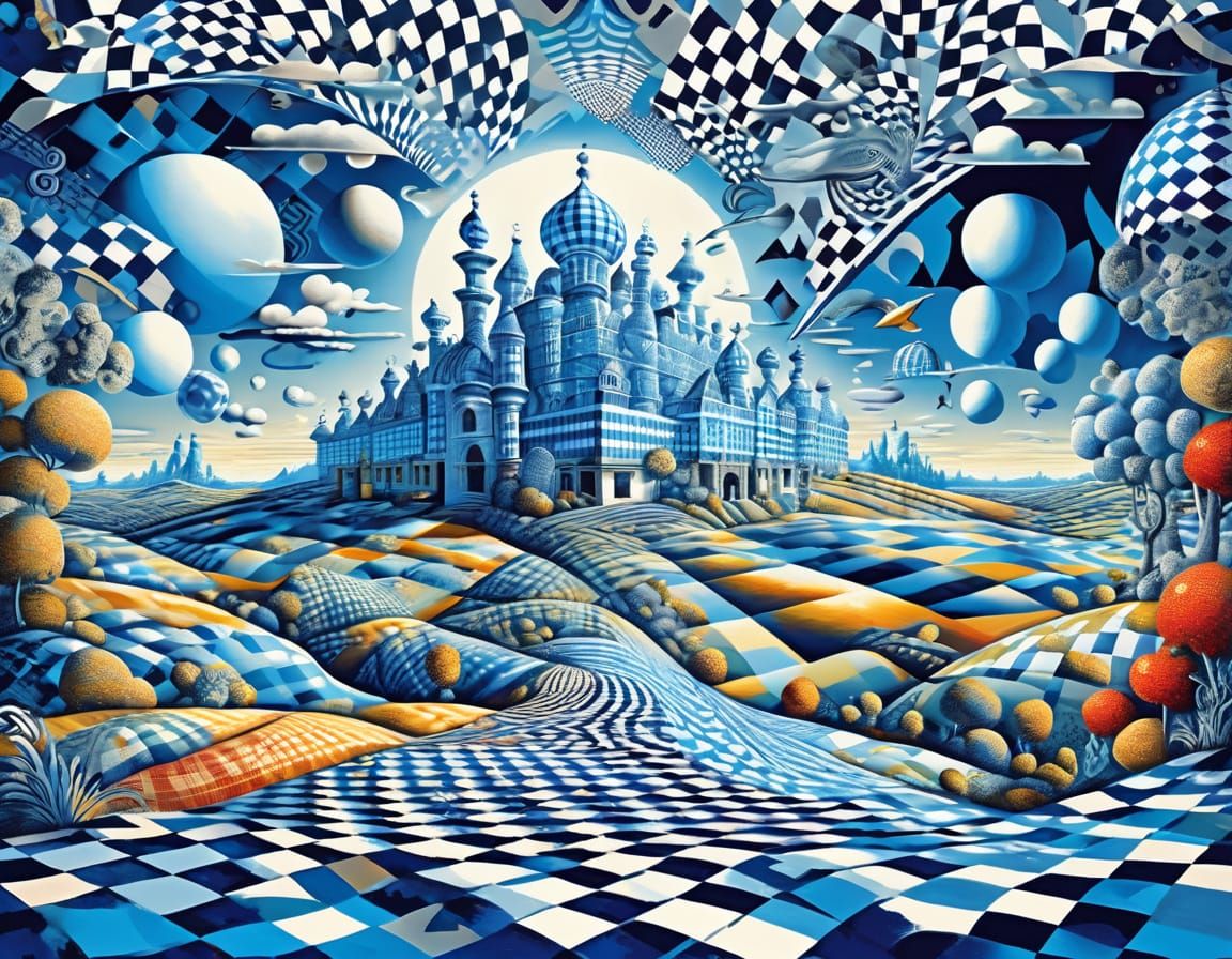 Psychedelic Gingham Dreamscapes in Surrealist Style