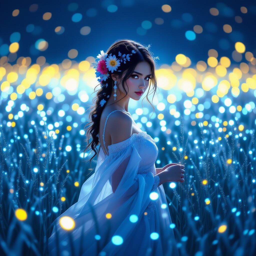 Ethereal Woman with Floral Hair in Neon Noir Style