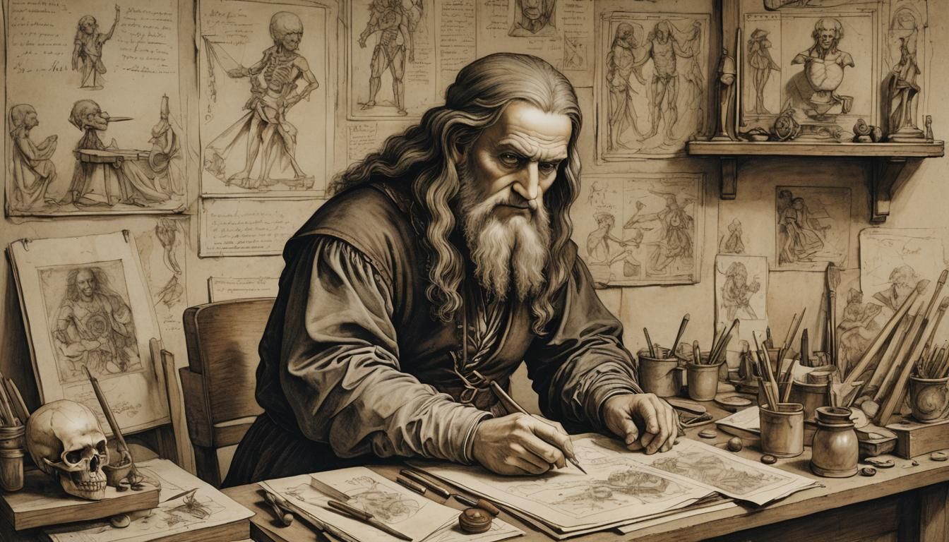 Leonardo da Vinci, with a furrowed brow and intense focus, sits at a cluttered workbench in his Renaissance studio.