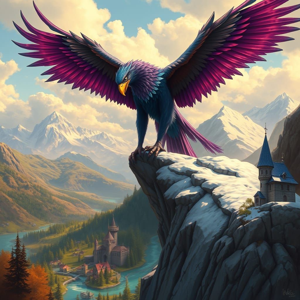 Griffin Overlooking Fantasy Kingdom as Classic Illustration