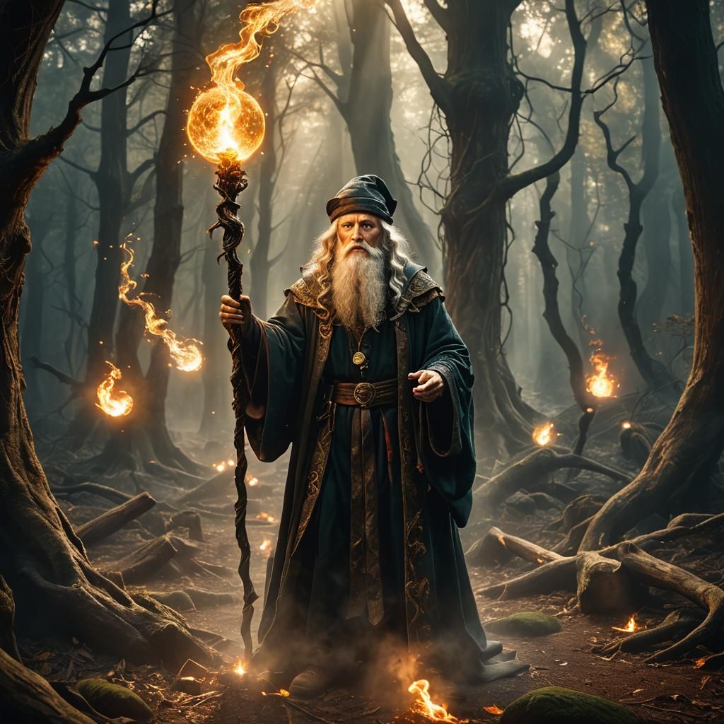 Wizard with Glowing Staff Amidst Fireballs