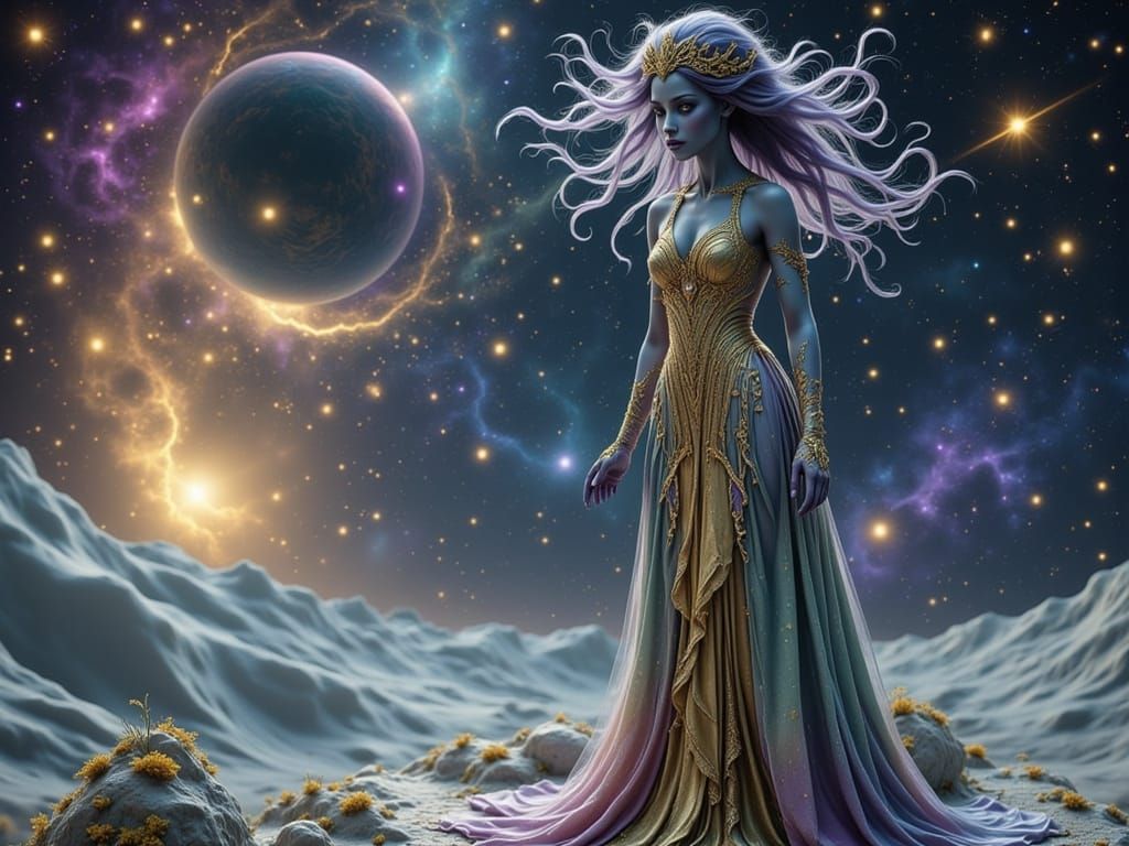 Alien Woman in Space with Spaceship, Art Nouveau Style