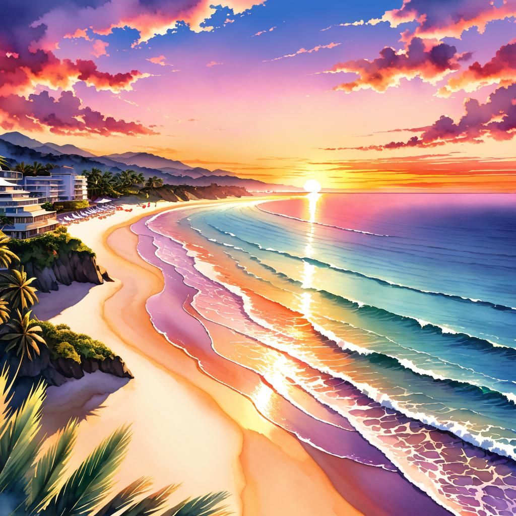 Beach Sunset in Digital Watercolor Illustration