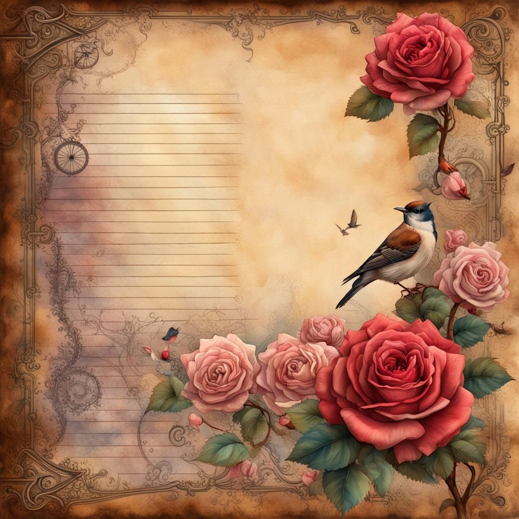 Steampunk Newspaper with Roses and Birds