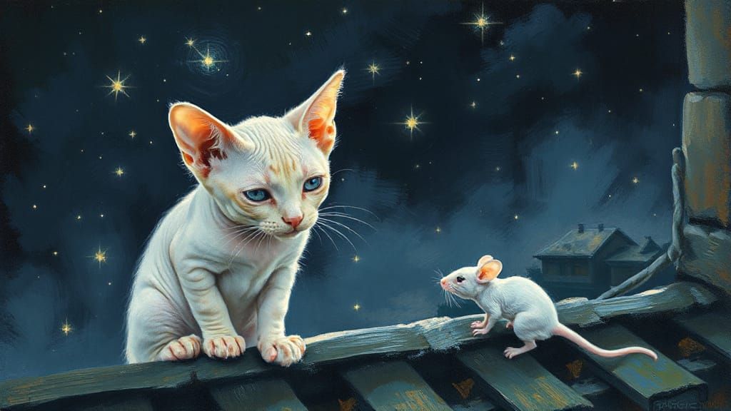 Albino Cat Gazing at Mouse in Impressionist Style
