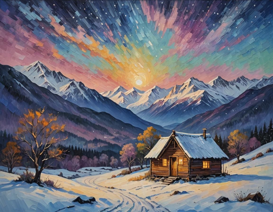 Starry Sky Over Icy Mountains Hut: Expressionist Oil Paintin...