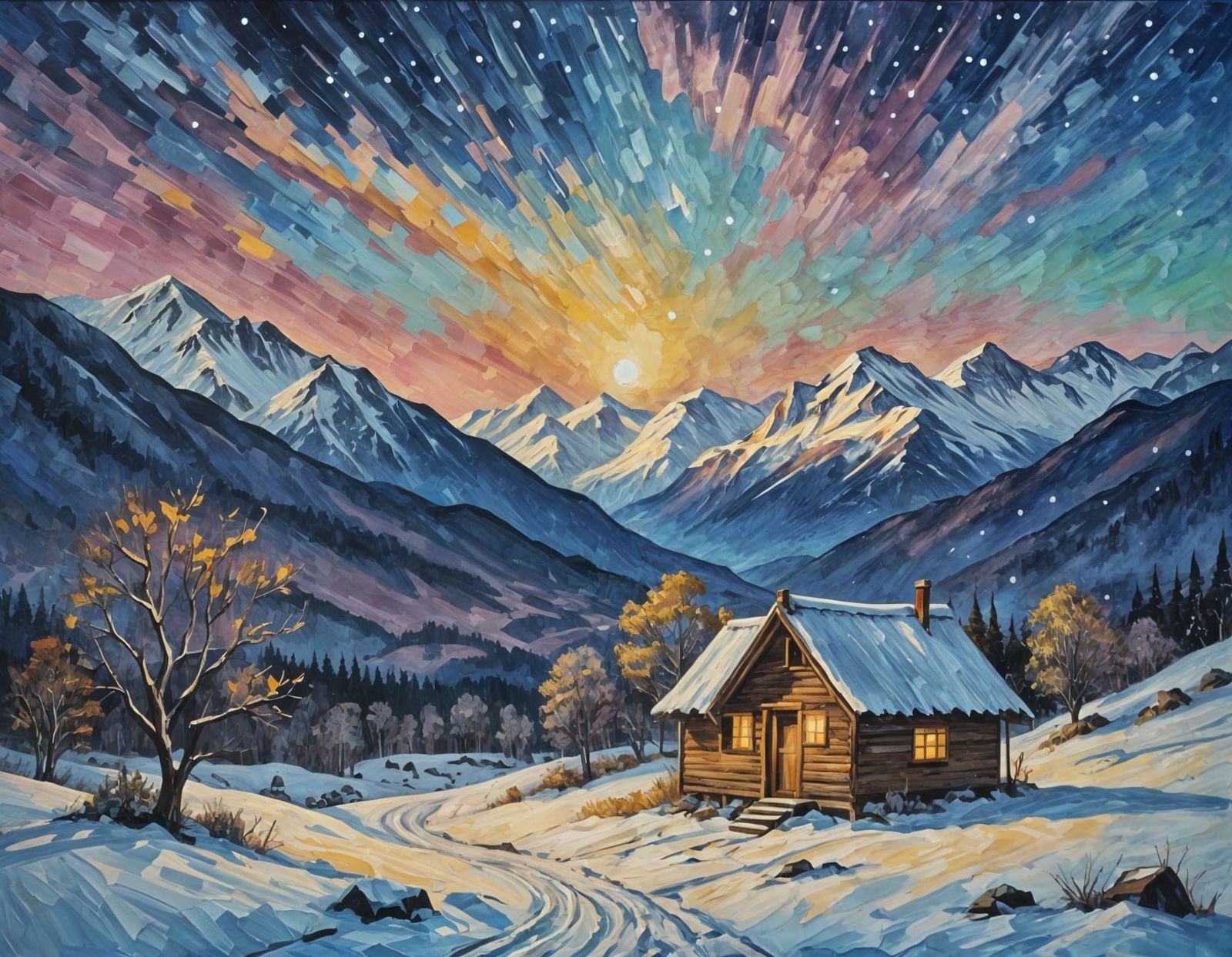 Starry Sky Over Icy Mountains Hut: Expressionist Oil Paintin...