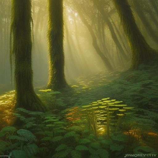 Golden Sunrise in Mossy Forest: Oil Painting