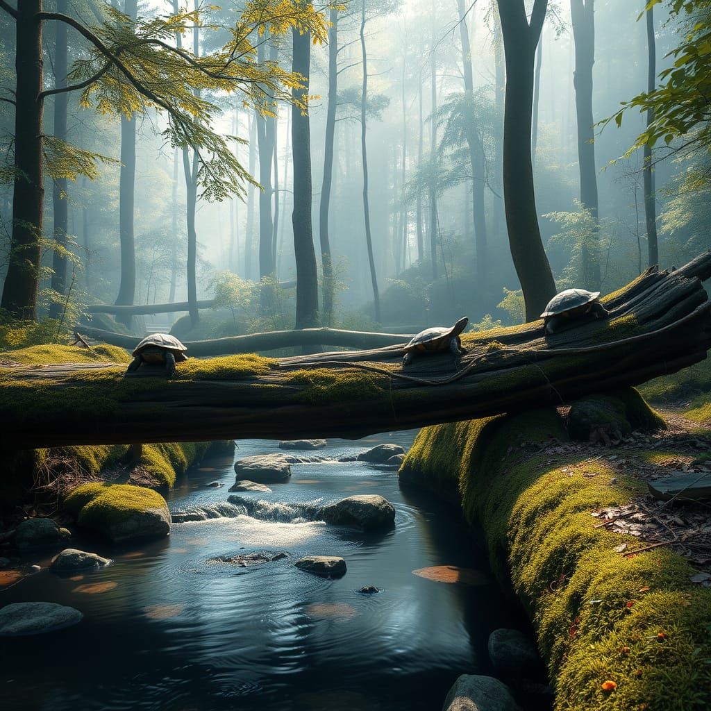 Hyperrealistic Forest Creek with Turtles Sunbathing
