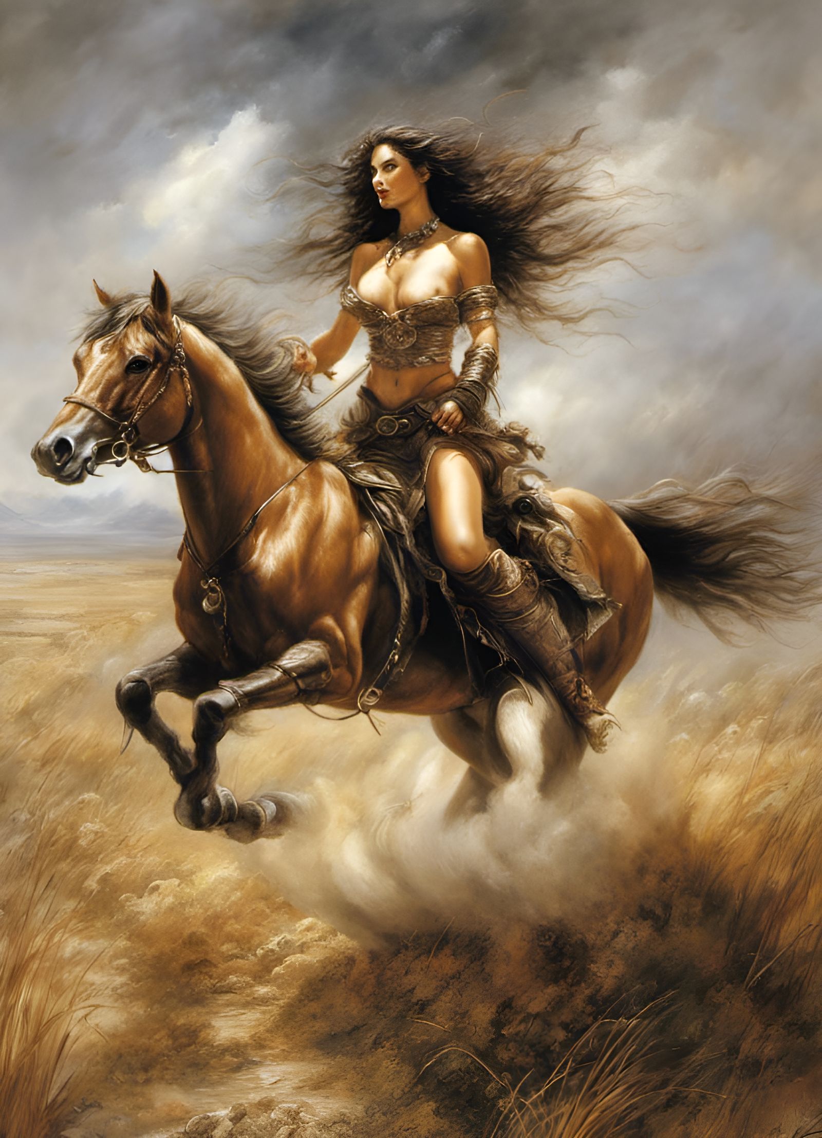 Amazon Galloping on Horse Through Plains in Dark Fantasy Sty...