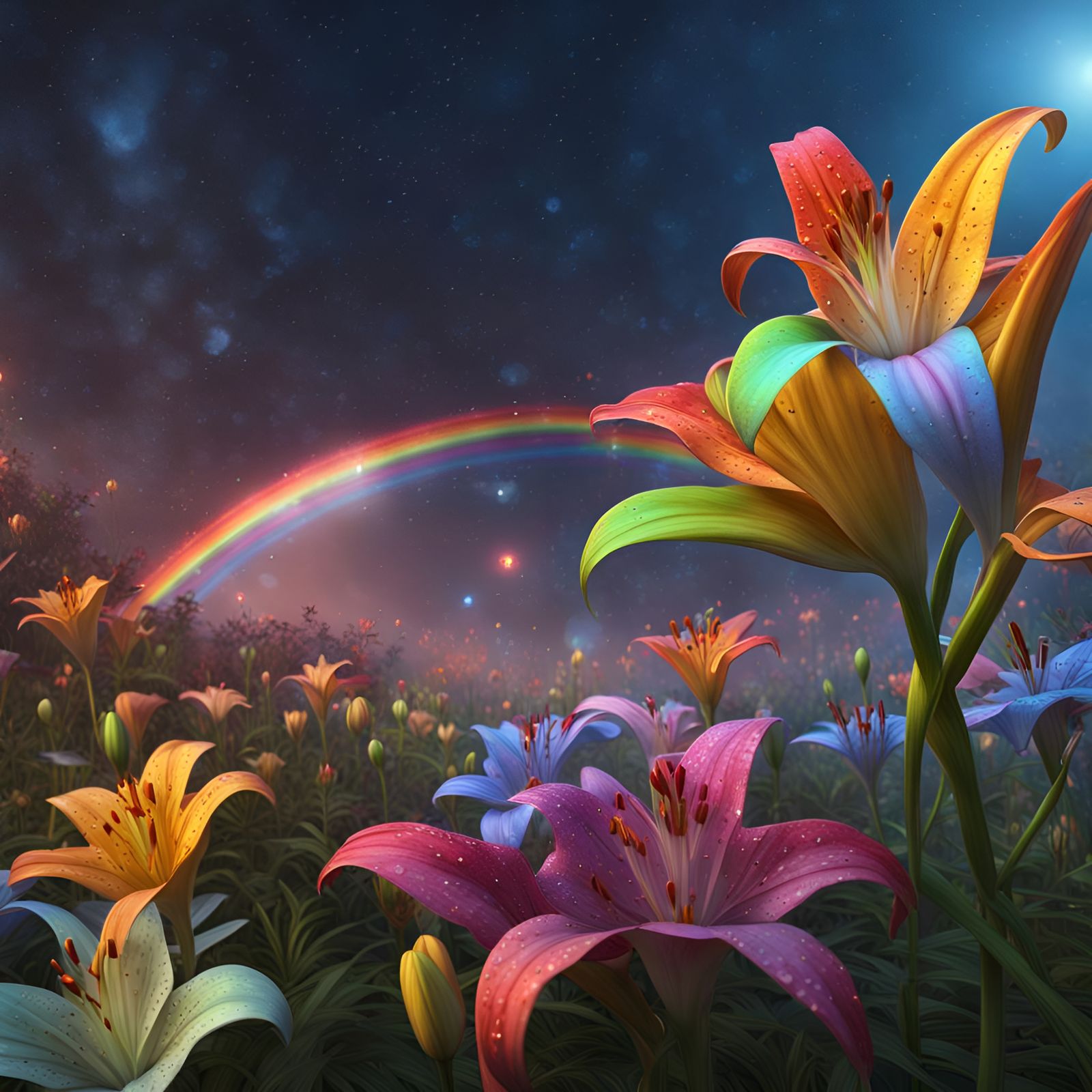 Rainbow Star Gazing Lilies in Detailed Matte Painting