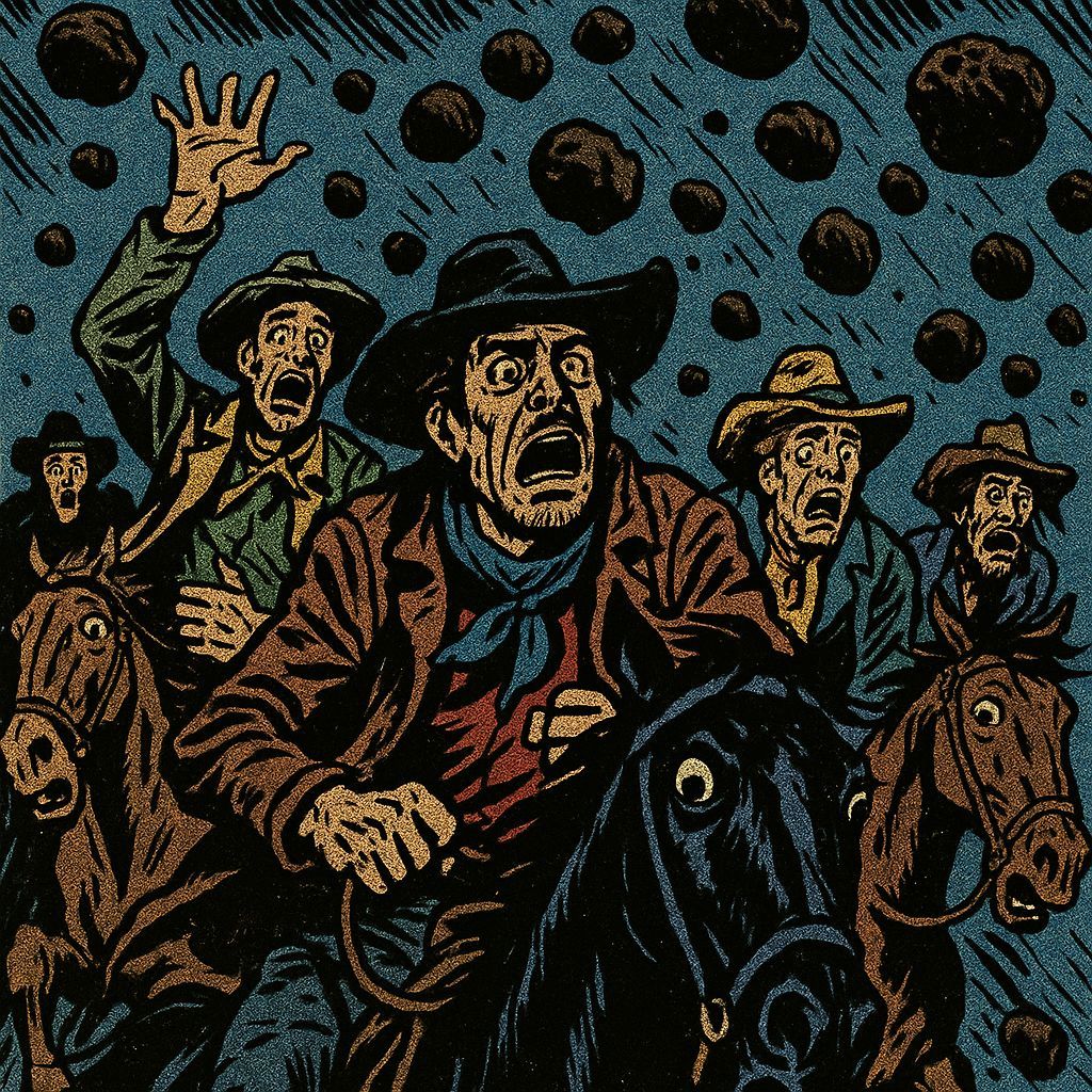 Cowboys Fleeing Horse Apple Hailstorm in Horror Comic Style