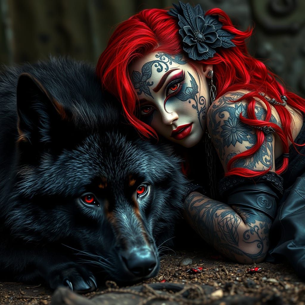Wolf and Gothic Woman in Hyperrealistic Digital Art