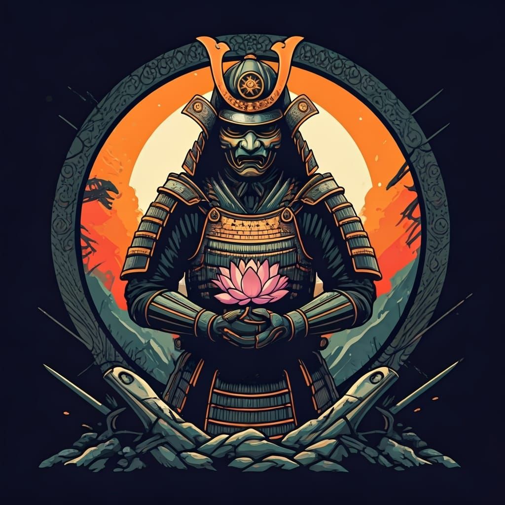 Futuristic Samurai Warrior with Lotus in Pop Art Style