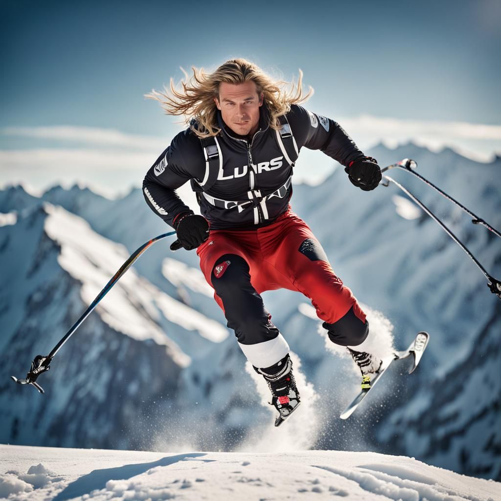Skier Mid-Jump, Rear View Portrait