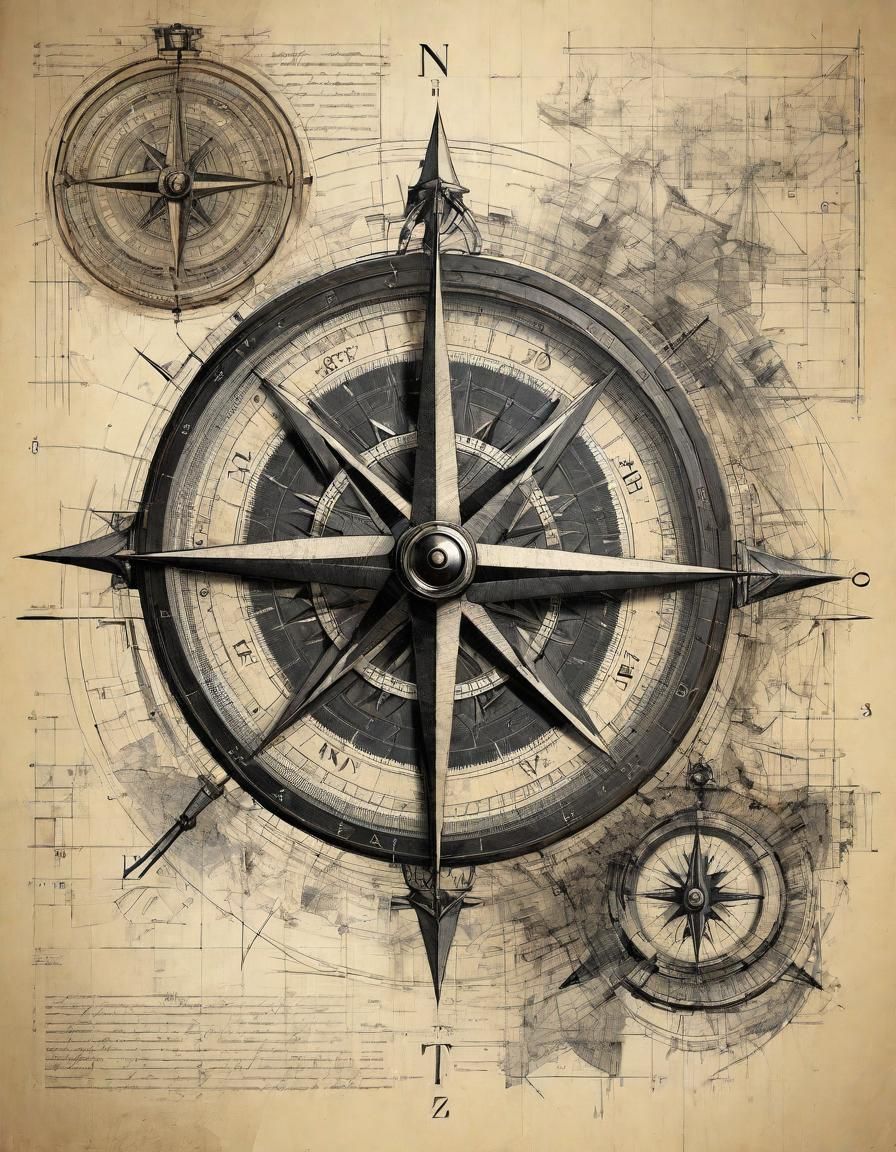 Ancient Compass Blueprint Diagram in Charcoal Style