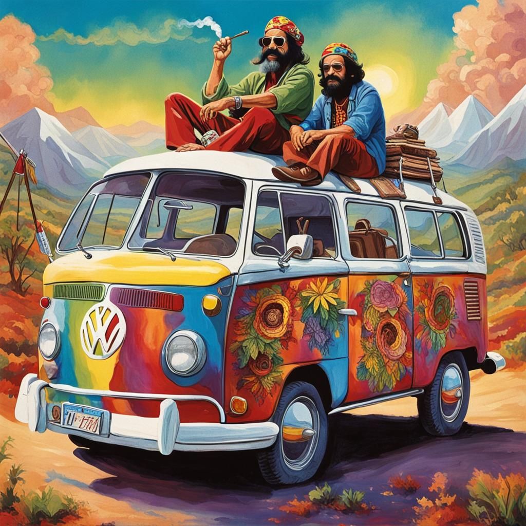 Cheech and Chong on a Hippie Volkswagen