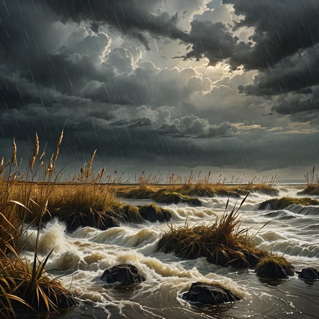 Dramatic Rainstorm Over Lake: Detailed Matte Painting