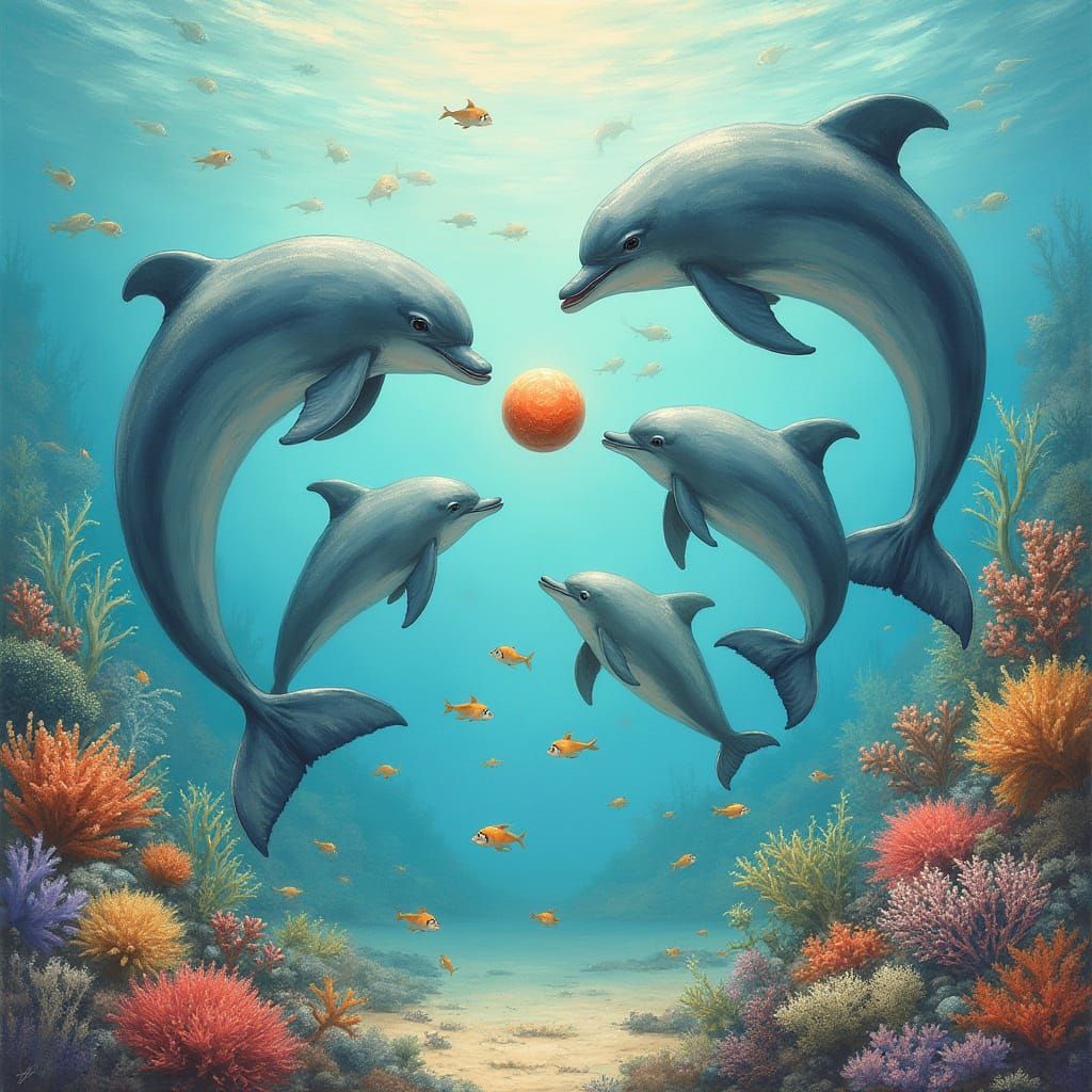 Dolphins Play in Coral Reef: Whimsical Art Style