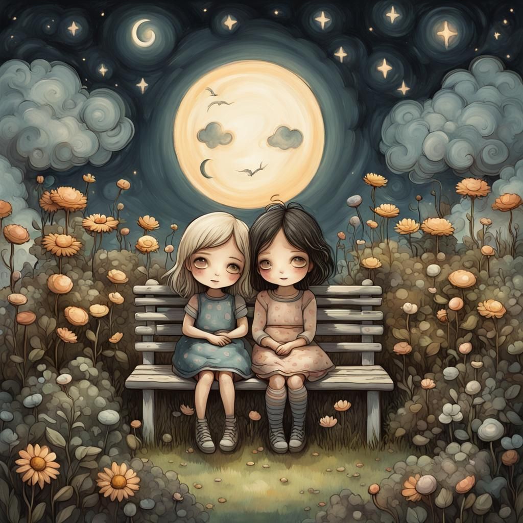 Chibi Friends in Whimsical Garden: Digital Oil Painting