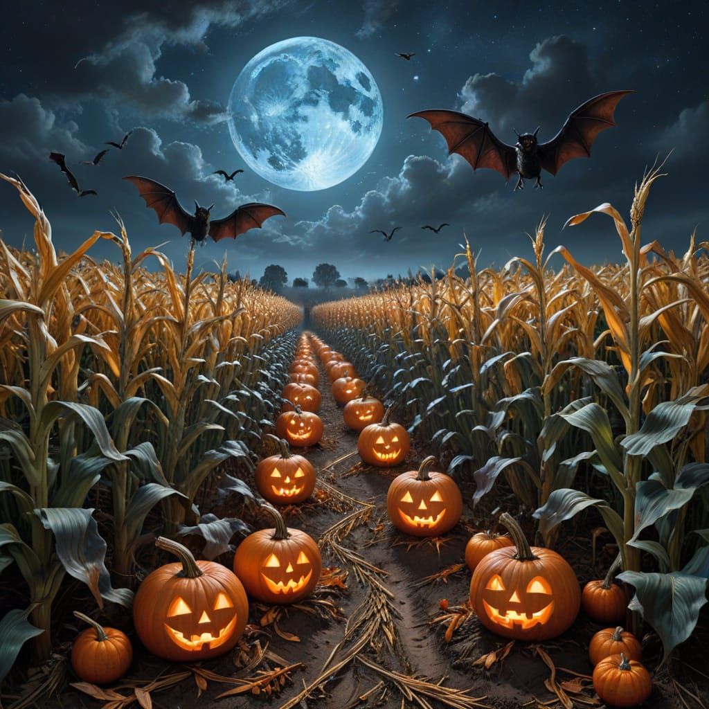 Misty Harvest Moon with Creepy Fairy and Bats