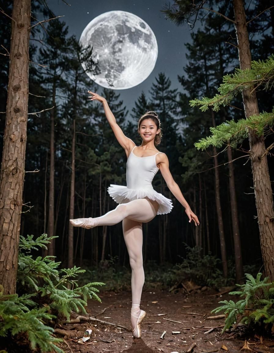 Ballerina Dancing Under Full Moon in Forest