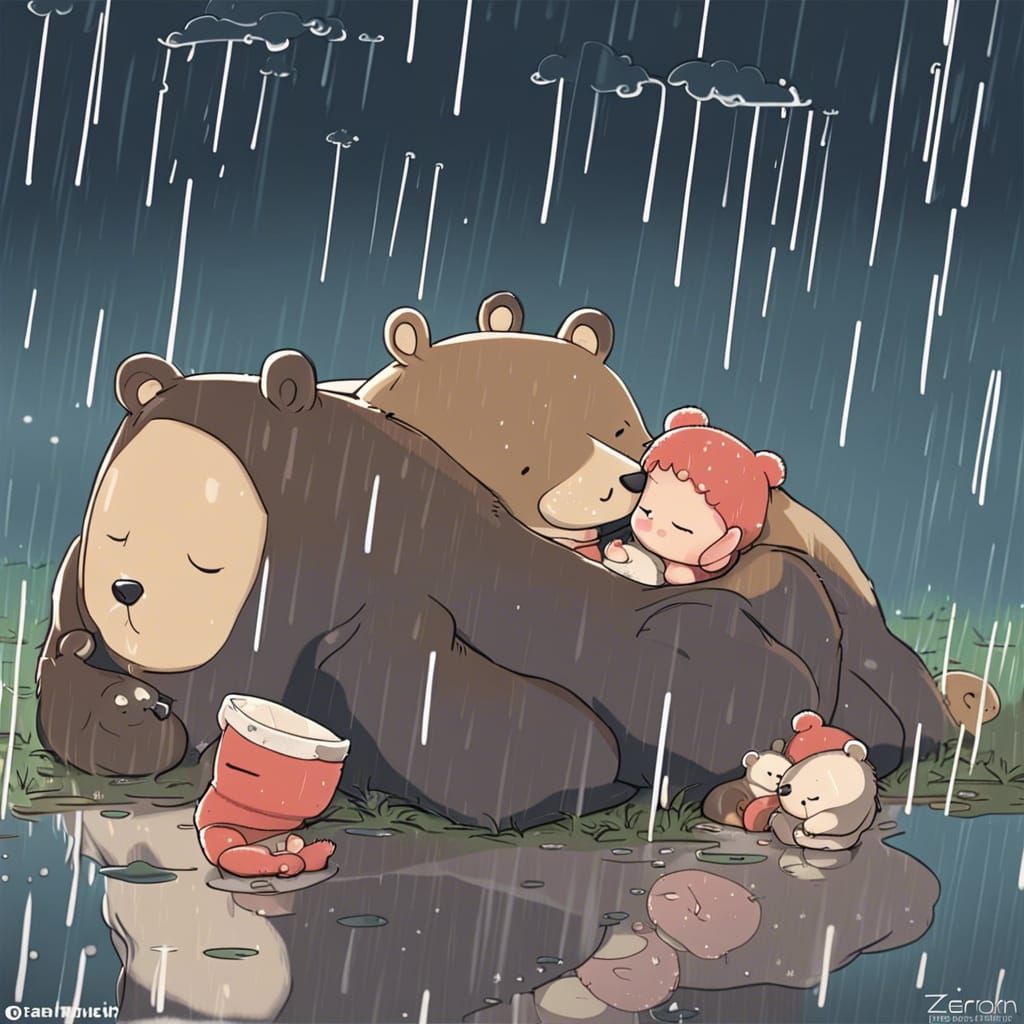 Bear Family Sleeping in Rain, Anime Style